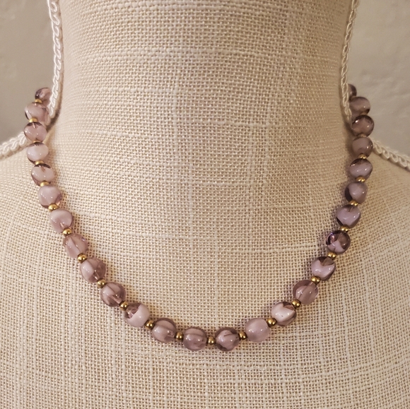 Napier Jewelry - Vintage NAPIER Signed Lavender Glass Bead Necklace with Gold Accents